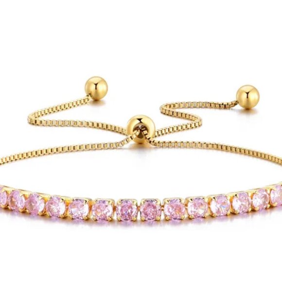 3/$35 Copper Chain Tennis Bracelet Pink Cubic Zirconia Gold Tone Diamond Jewelry - Picture 5 of 5